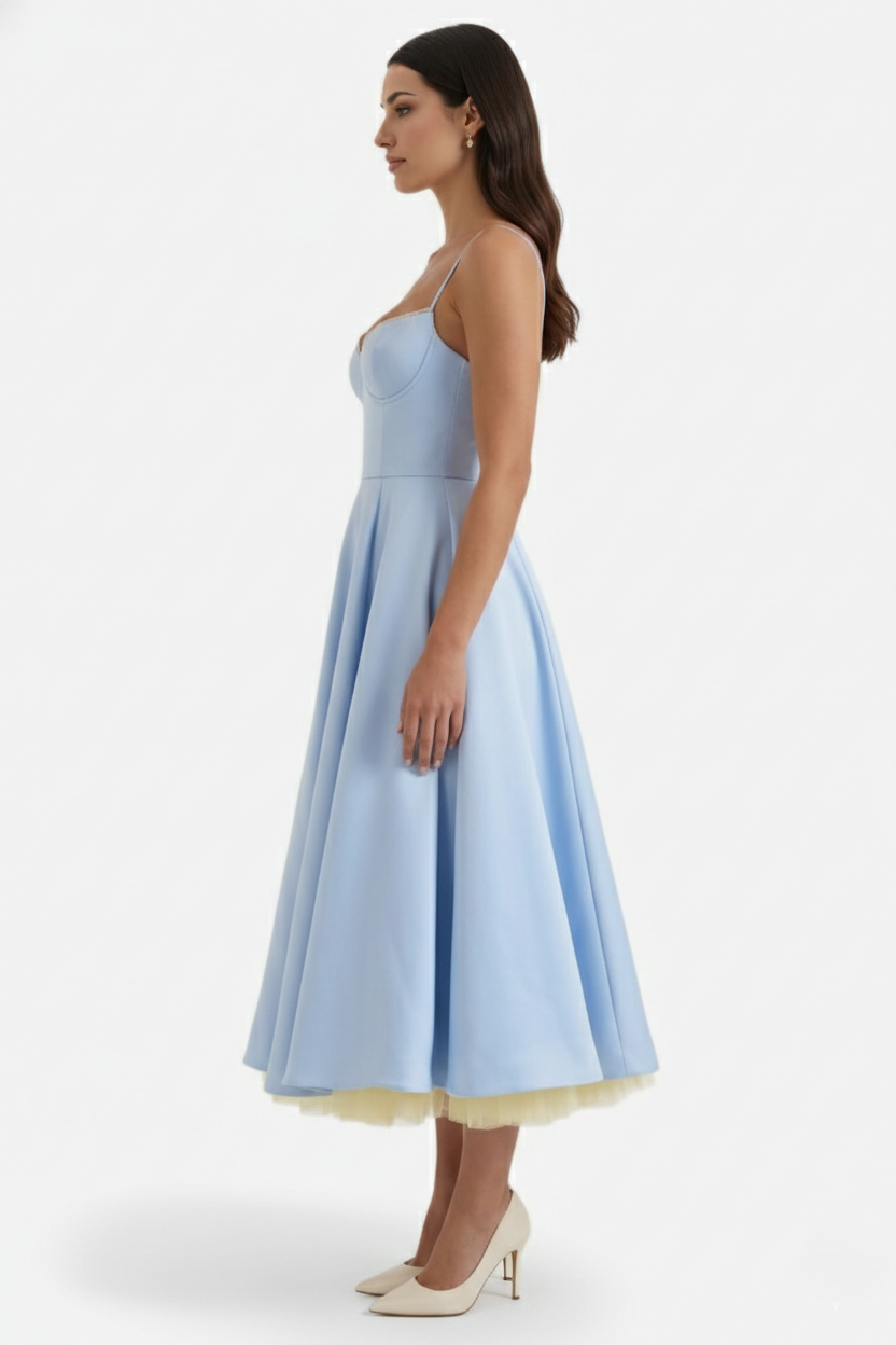 Womens Midi Dress Bustier Sweetheart Neckline Full Circle Tulle Hem