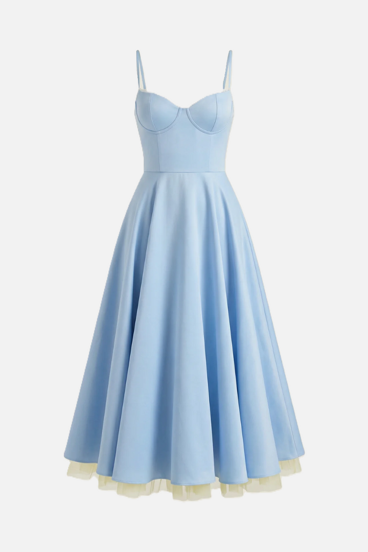 Womens Midi Dress Bustier Sweetheart Neckline Full Circle Tulle Hem