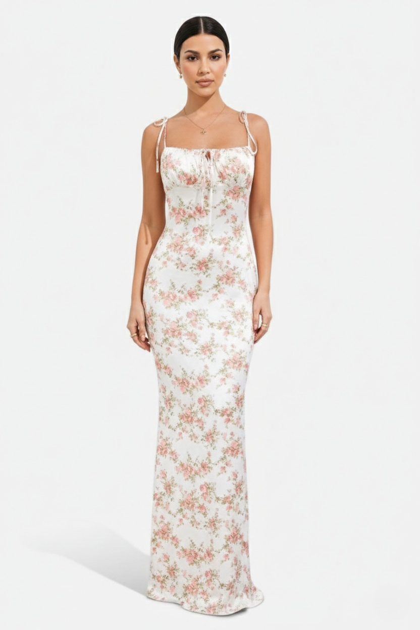 Womens Bodycon Maxi Dress with Spaghetti Straps Ruched Bodice
