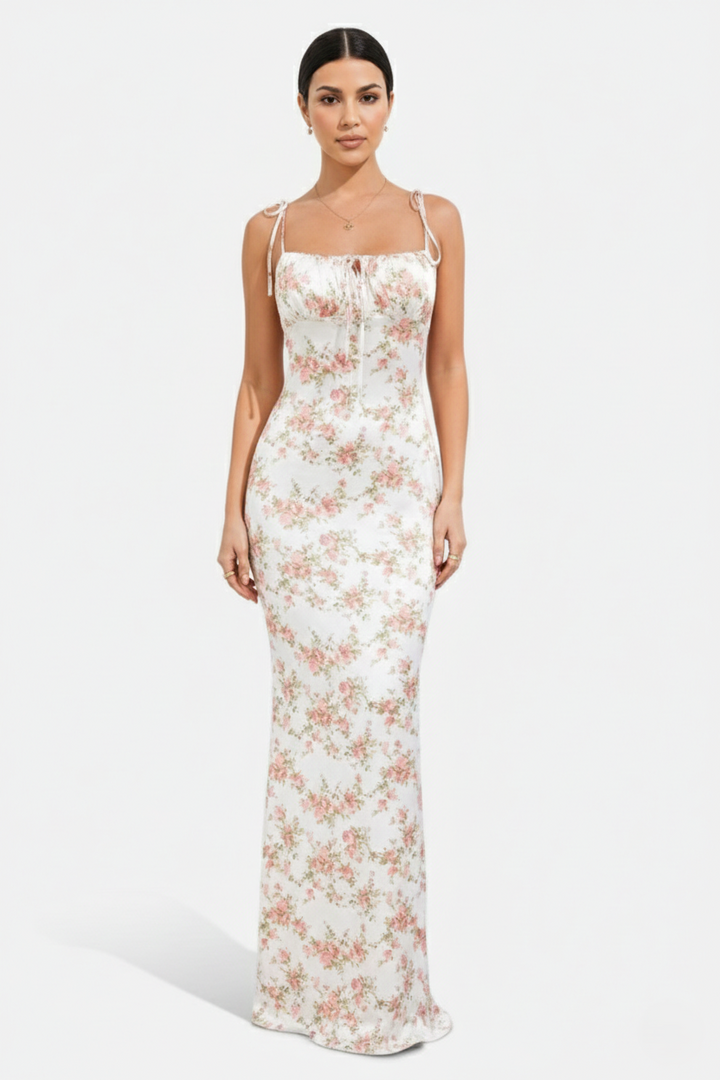 Womens Bodycon Maxi Dress with Spaghetti Straps Ruched Bodice