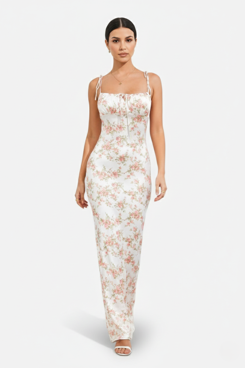 Womens Bodycon Maxi Dress with Spaghetti Straps Ruched Bodice