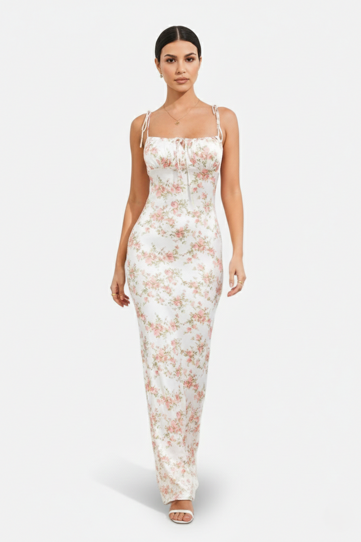 Womens Bodycon Maxi Dress with Spaghetti Straps Ruched Bodice