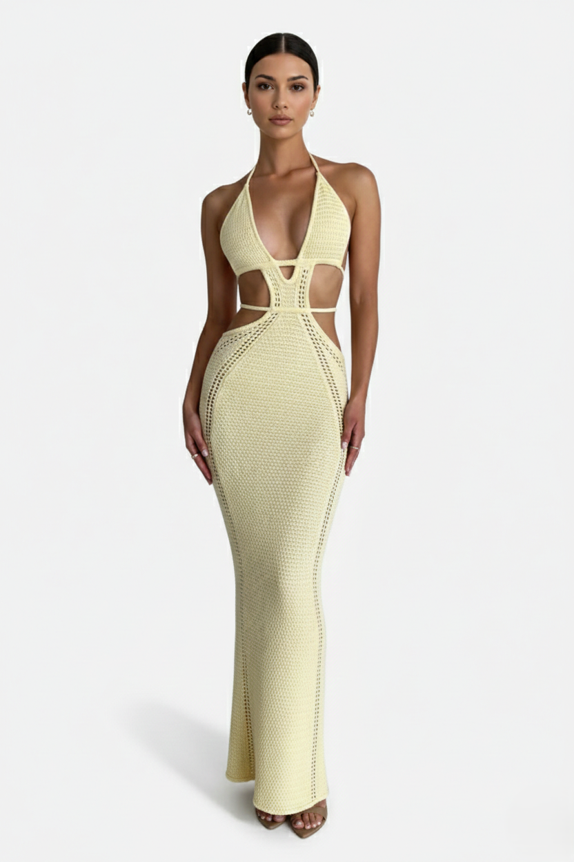 Womens Crochet Bodycon Maxi Dress Halter Neck Backless - Clovrio