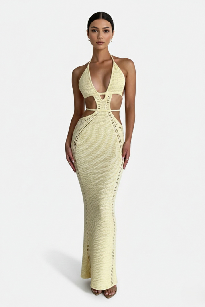 Womens Crochet Bodycon Maxi Dress Halter Neck Backless - Clovrio
