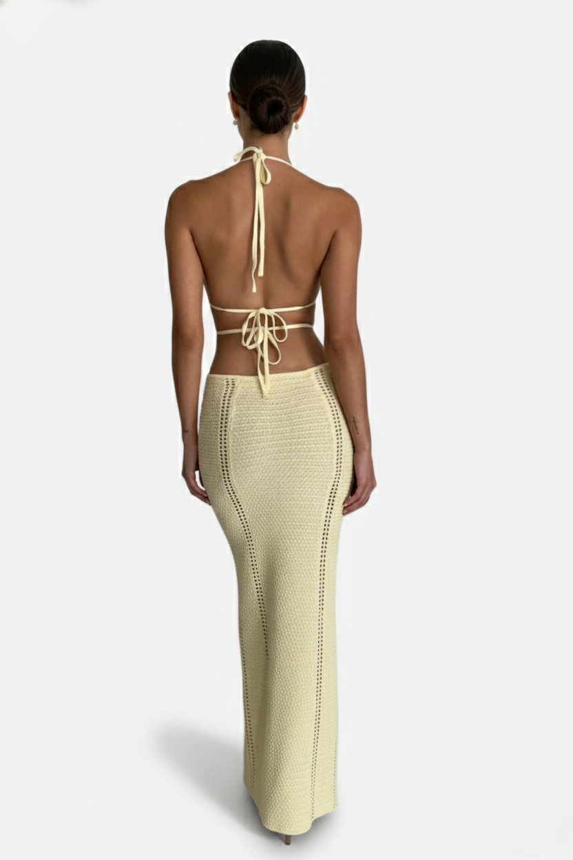 Womens Crochet Bodycon Maxi Dress Halter Neck Backless