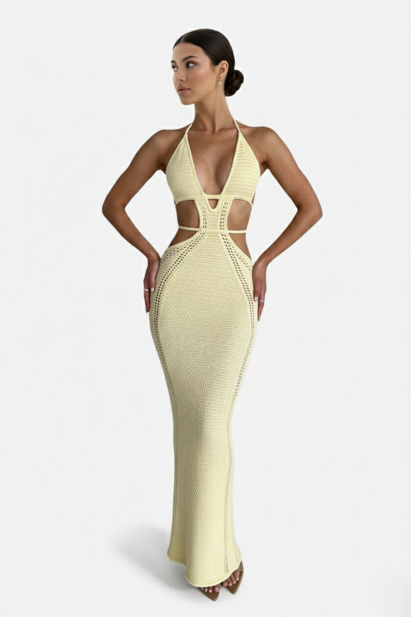 Womens Crochet Bodycon Maxi Dress Halter Neck Backless