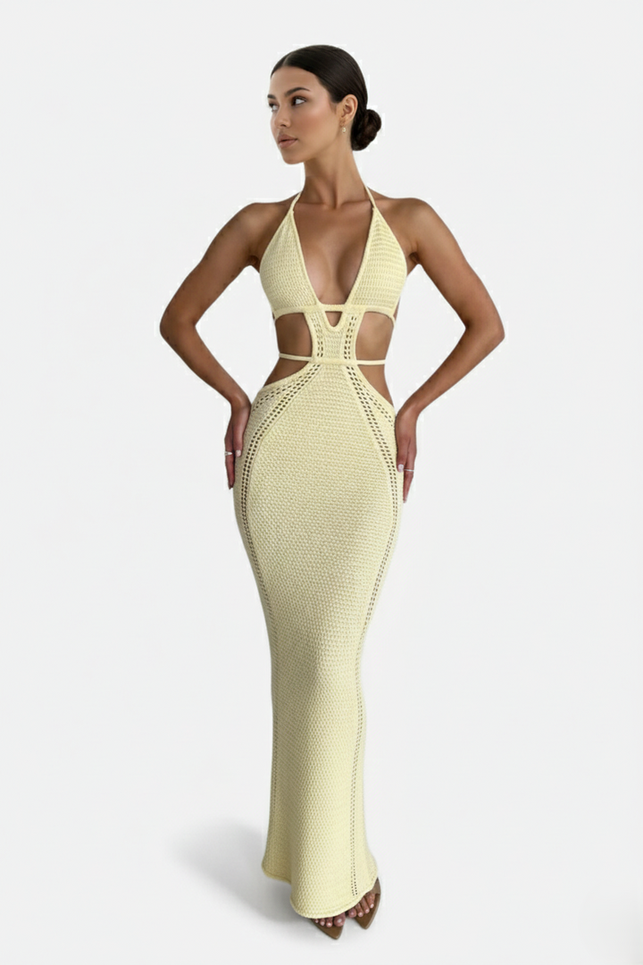 Womens Crochet Bodycon Maxi Dress Halter Neck Backless