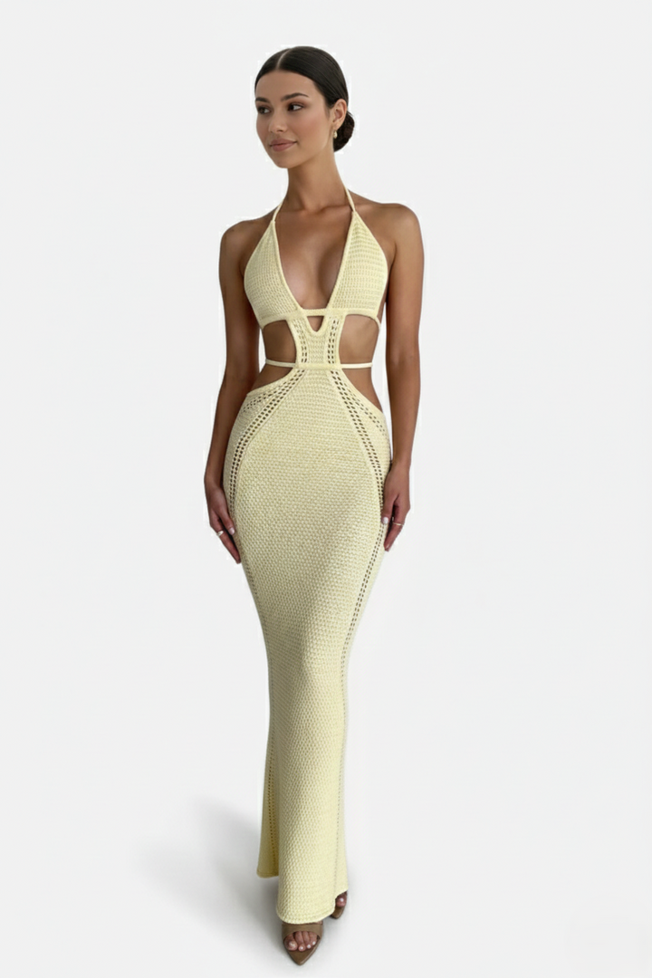 Womens Crochet Bodycon Maxi Dress Halter Neck Backless