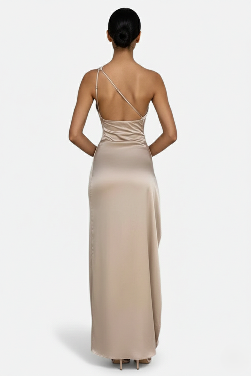 Womens Satin Maxi Dress One-Shoulder High Side Slit