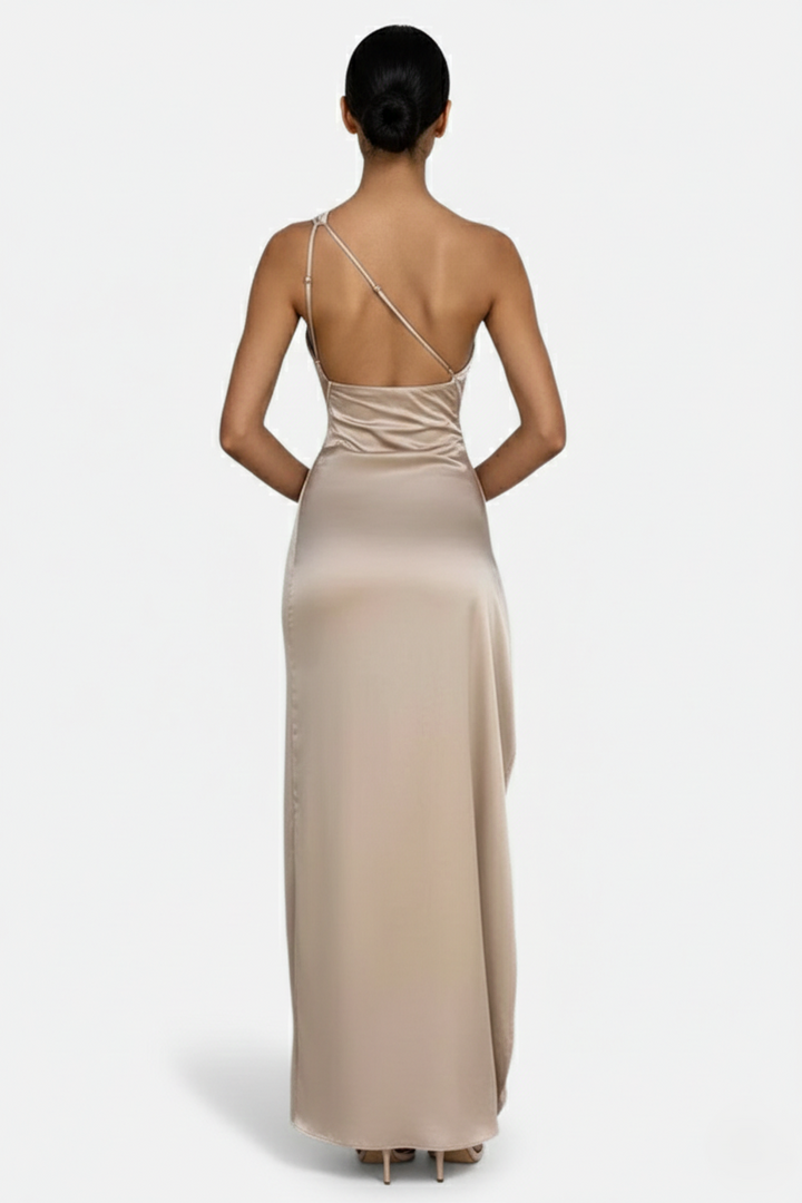 Womens Satin Maxi Dress One-Shoulder High Side Slit