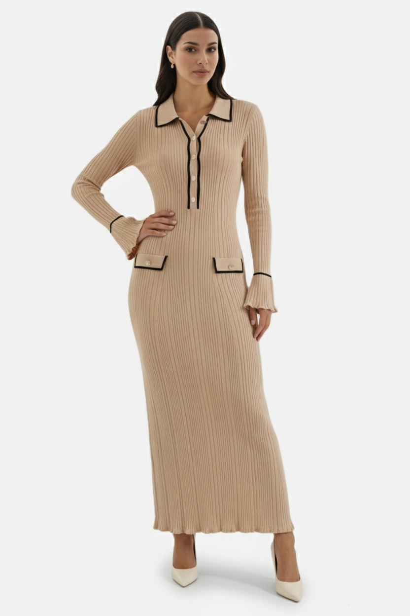 Womens Knitted Polo Maxi Dress Long Sleeve Contrast Trim