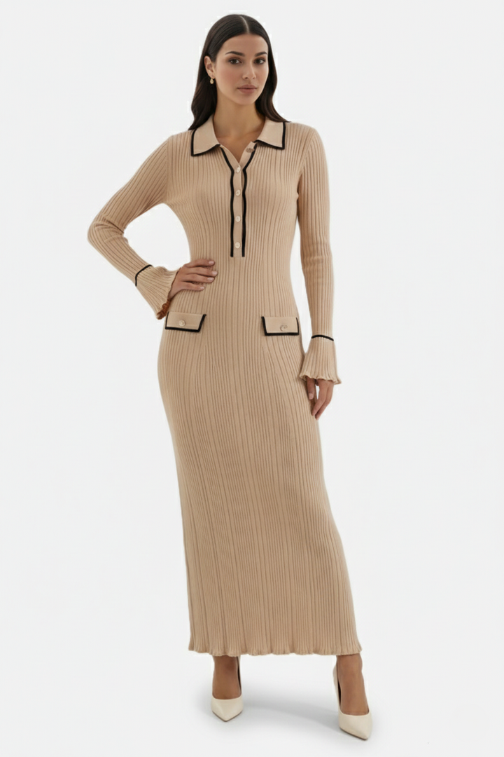 Womens Knitted Polo Maxi Dress Long Sleeve Contrast Trim