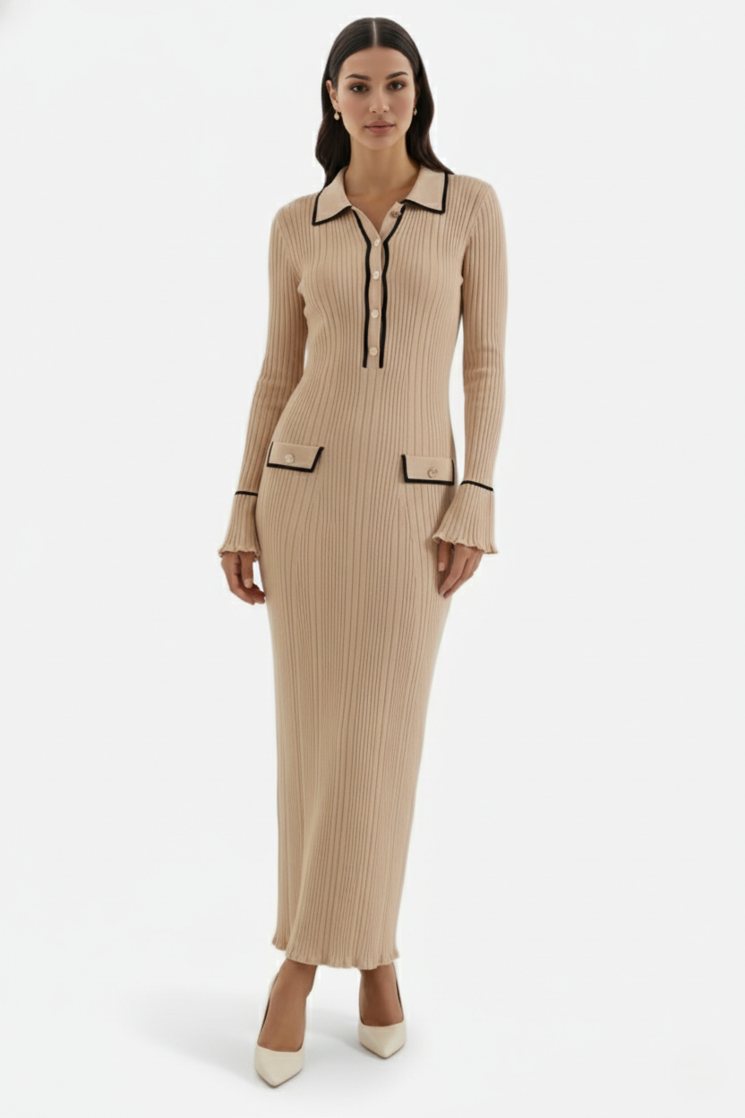 Womens Knitted Polo Maxi Dress Long Sleeve Contrast Trim - Clovrio