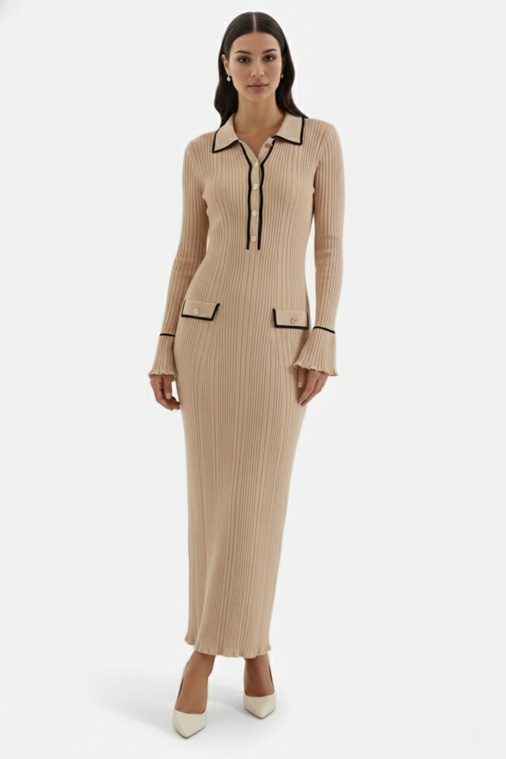 Womens Knitted Polo Maxi Dress Long Sleeve Contrast Trim - Clovrio