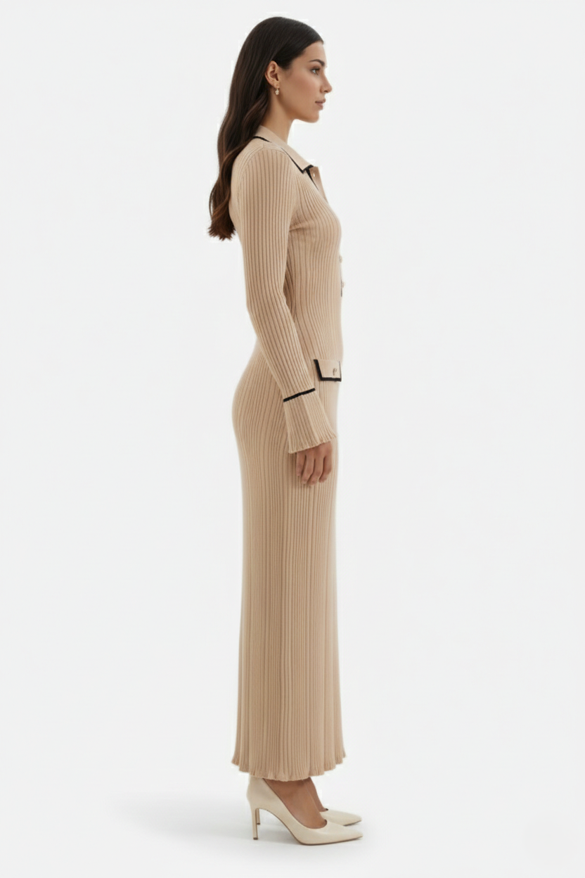 Womens Knitted Polo Maxi Dress Long Sleeve Contrast Trim