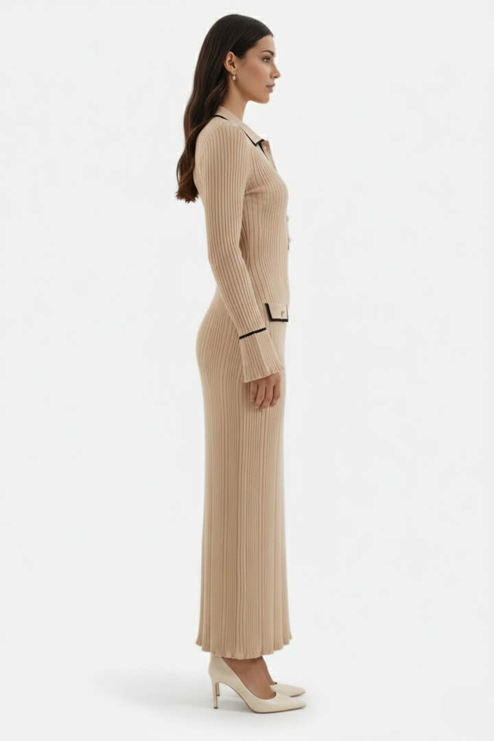 Womens Knitted Polo Maxi Dress Long Sleeve Contrast Trim