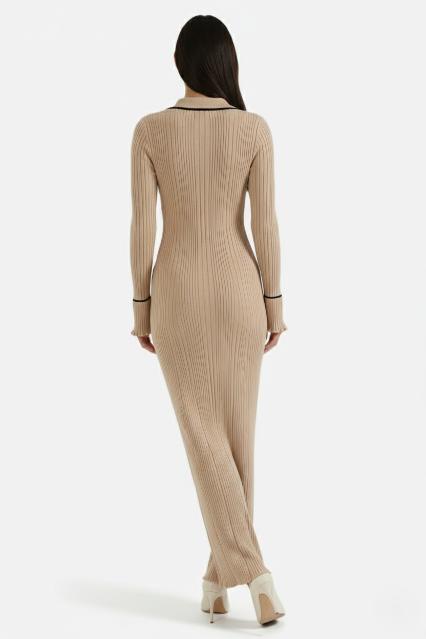 Womens Knitted Polo Maxi Dress Long Sleeve Contrast Trim