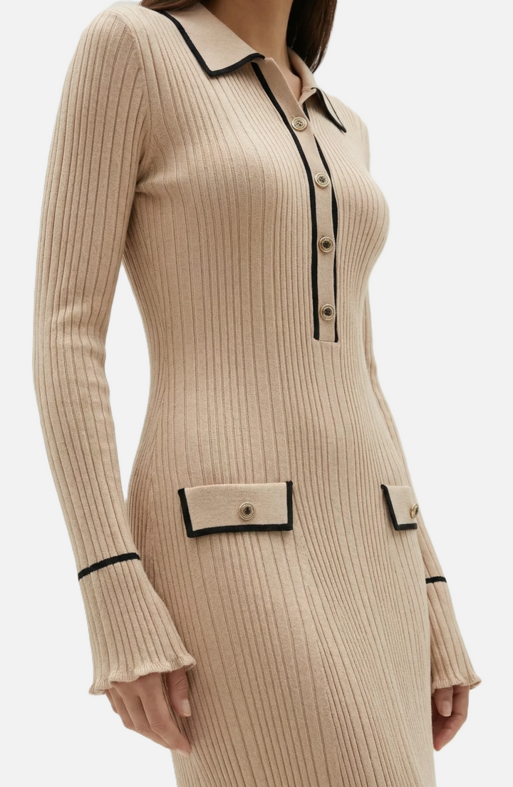 Womens Knitted Polo Maxi Dress Long Sleeve Contrast Trim