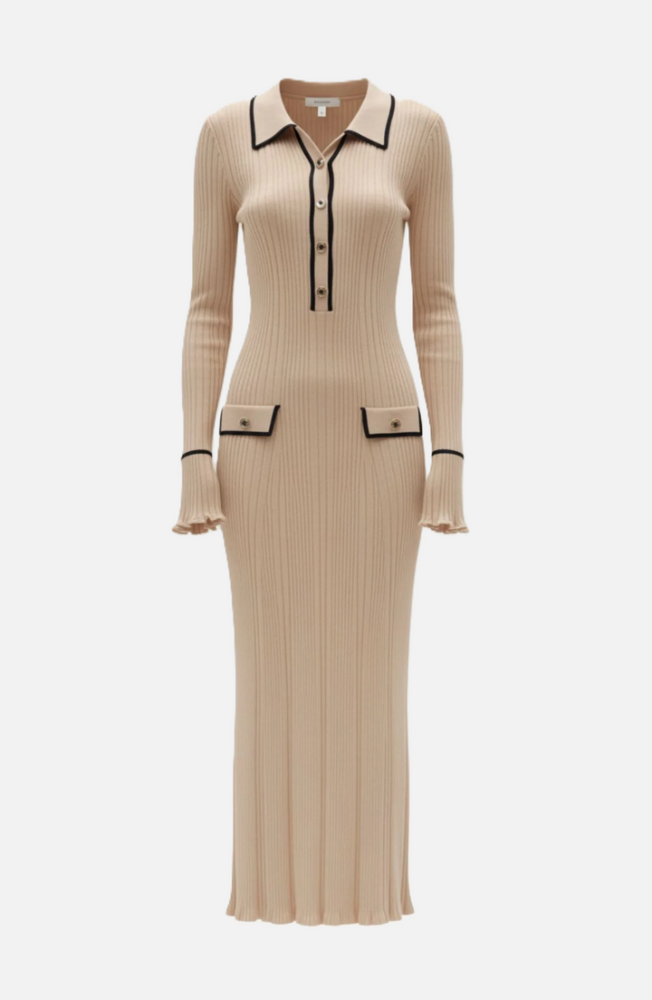 Womens Knitted Polo Maxi Dress Long Sleeve Contrast Trim