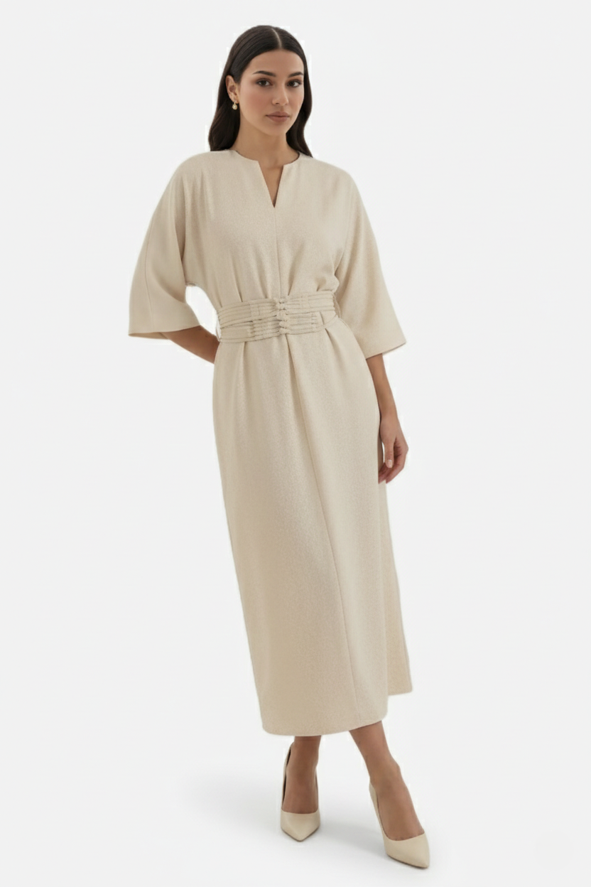 Womens Kaftan Dress Pleated Cinch Waist Split Neckline - Clovrio