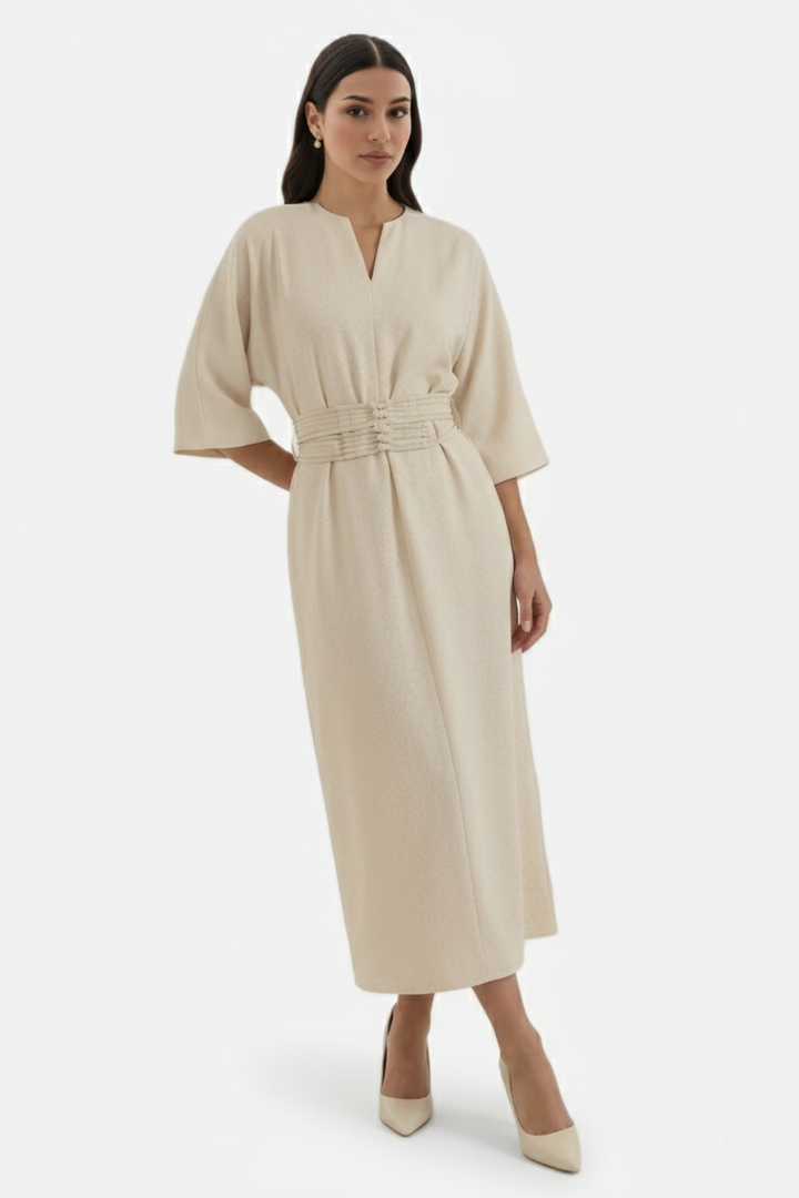Womens Kaftan Dress Pleated Cinch Waist Split Neckline - Clovrio