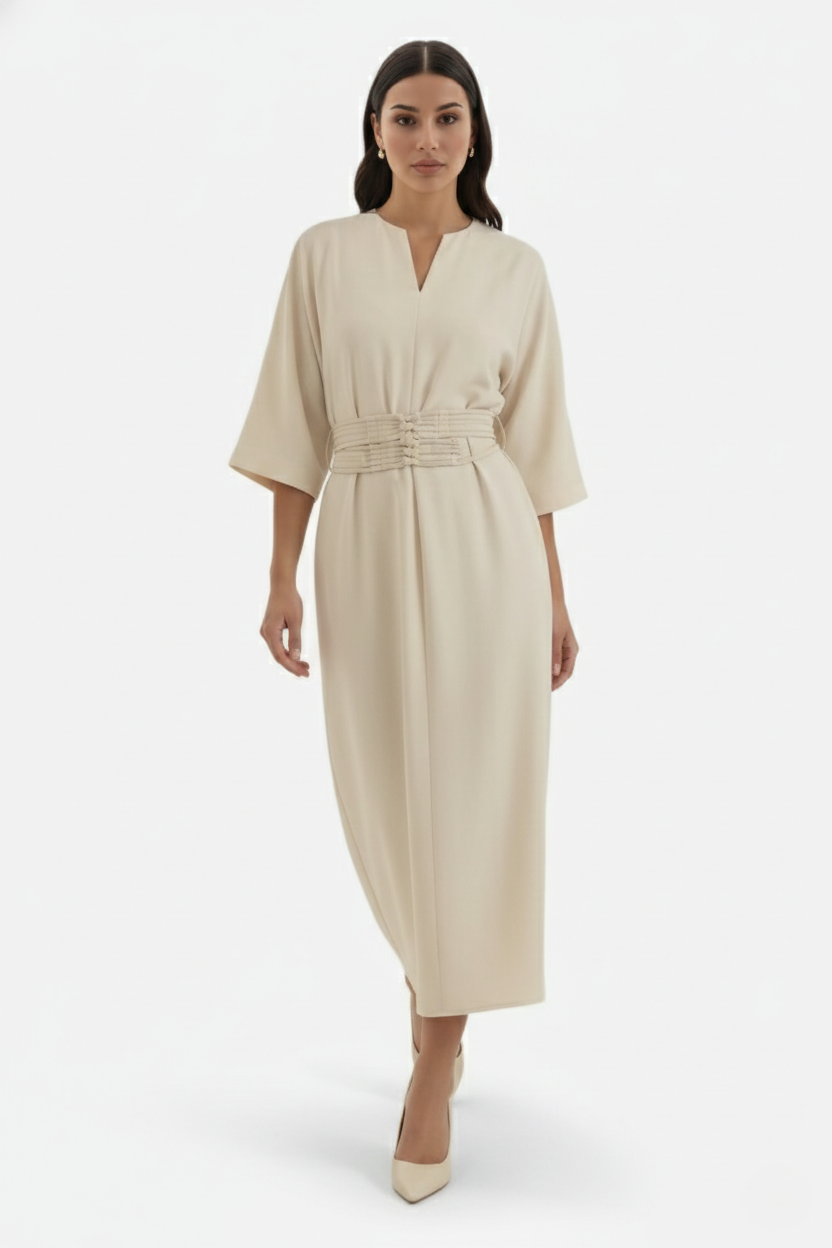 Womens Kaftan Dress Pleated Cinch Waist Split Neckline