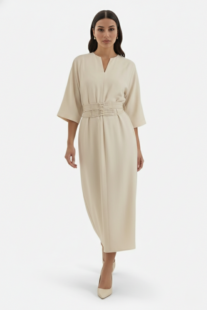 Womens Kaftan Dress Pleated Cinch Waist Split Neckline