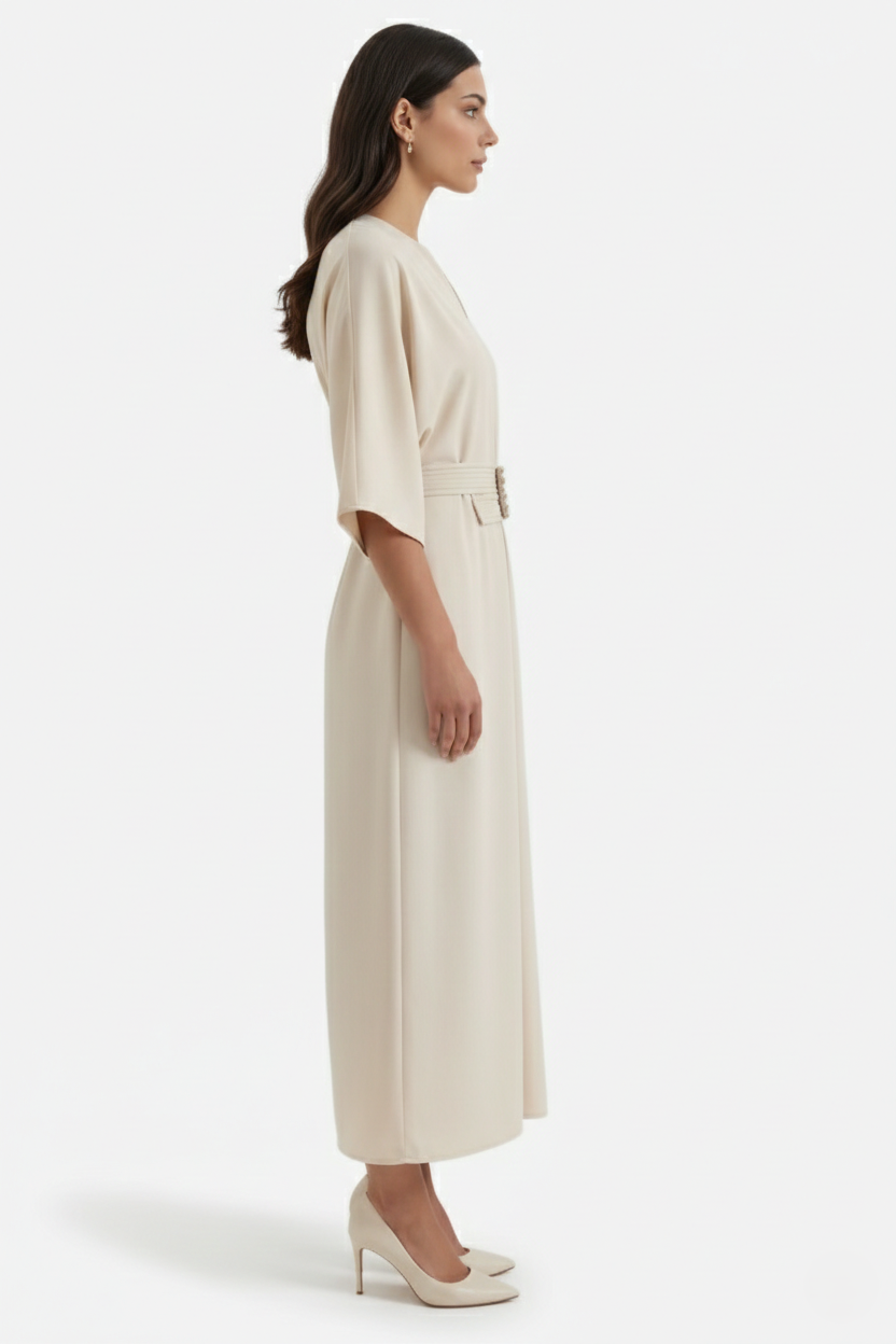 Womens Kaftan Dress Pleated Cinch Waist Split Neckline