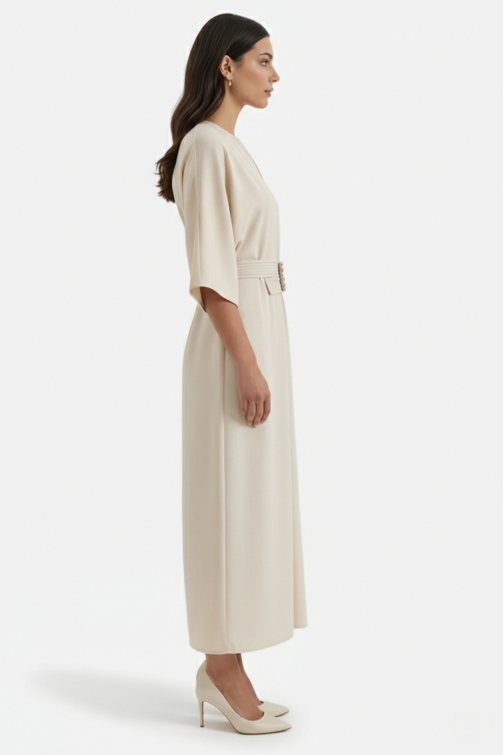 Womens Kaftan Dress Pleated Cinch Waist Split Neckline