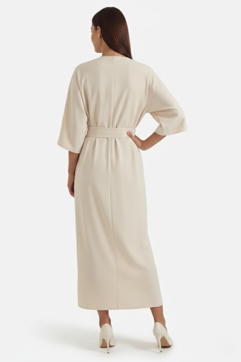 Womens Kaftan Dress Pleated Cinch Waist Split Neckline