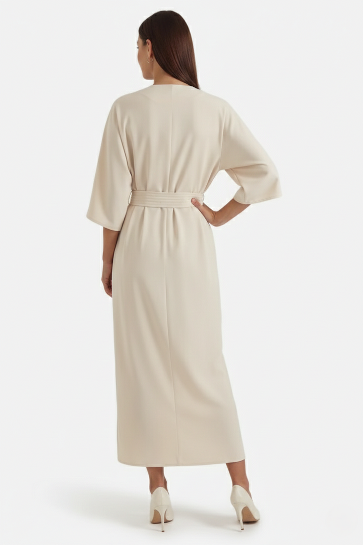 Womens Kaftan Dress Pleated Cinch Waist Split Neckline