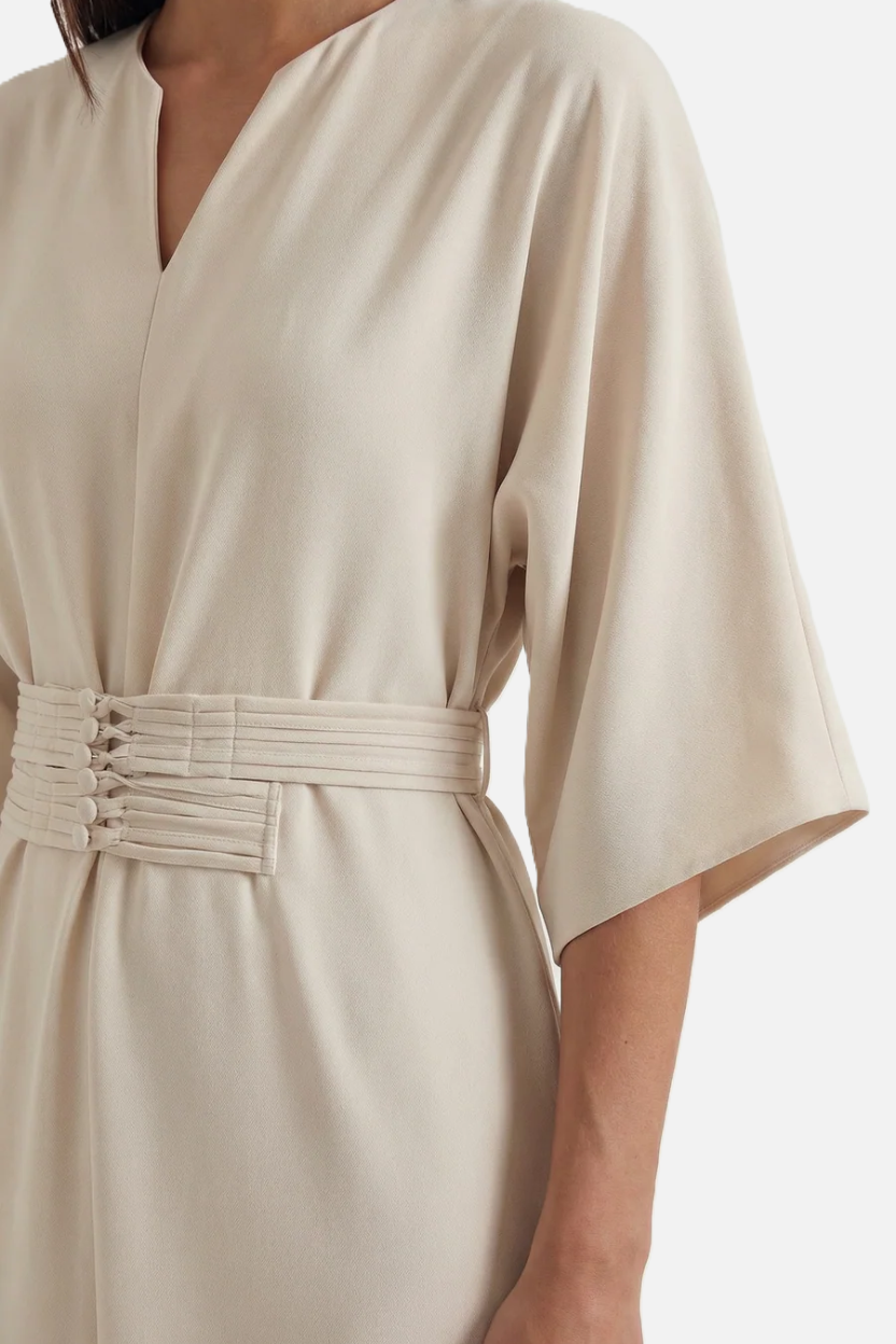 Womens Kaftan Dress Pleated Cinch Waist Split Neckline