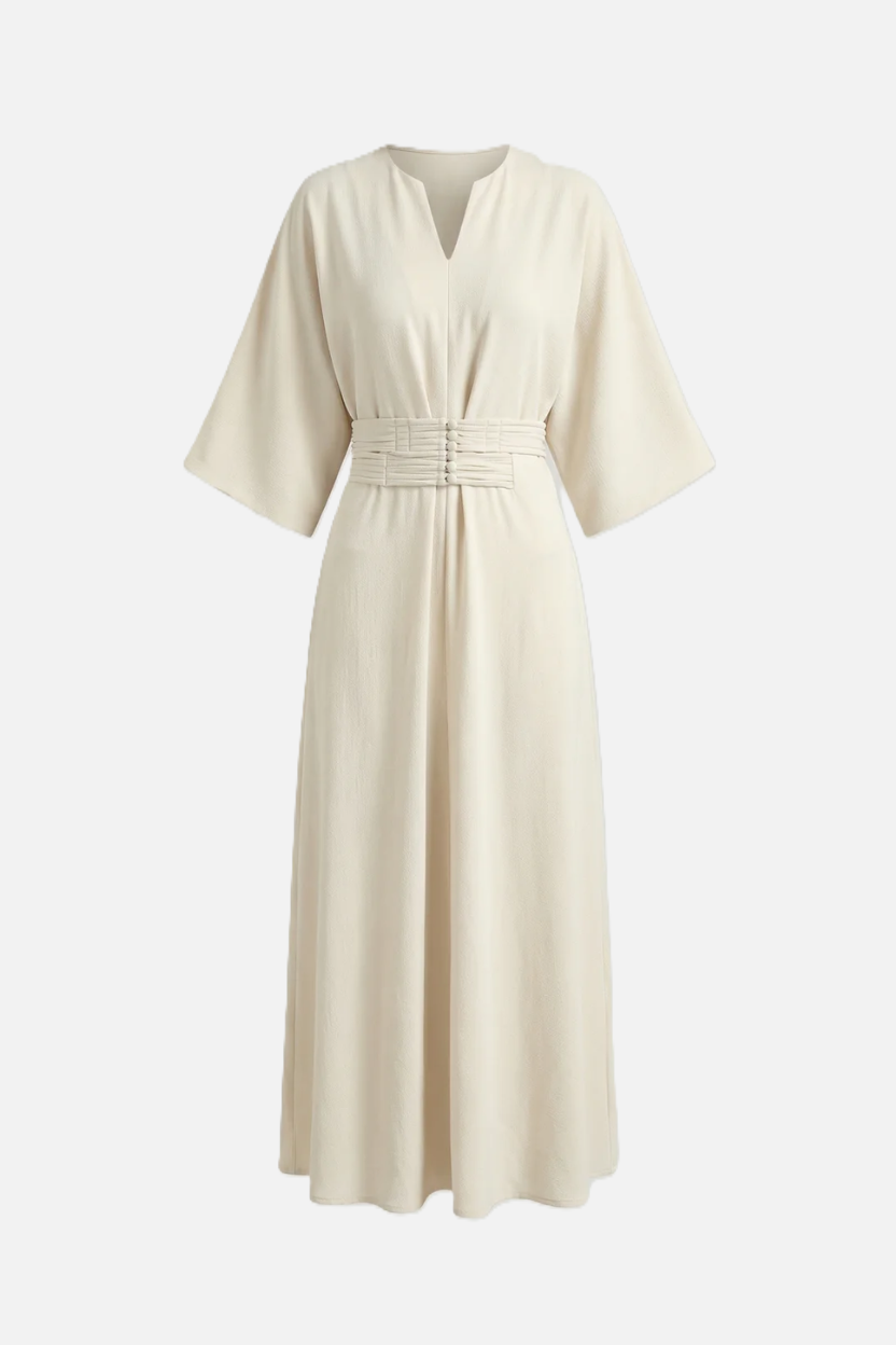 Womens Kaftan Dress Pleated Cinch Waist Split Neckline