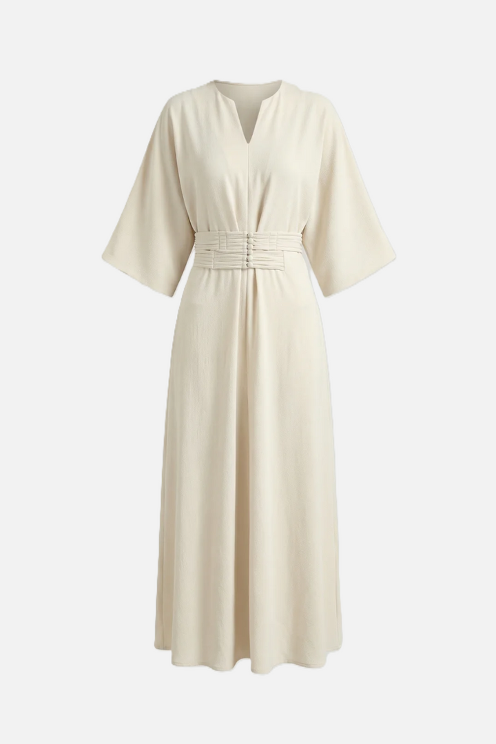 Womens Kaftan Dress Pleated Cinch Waist Split Neckline