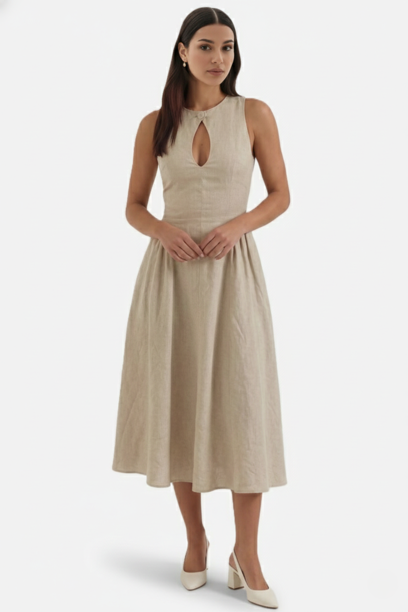 Womens Linen Midi Dress Keyhole Neckline Fit and Flare