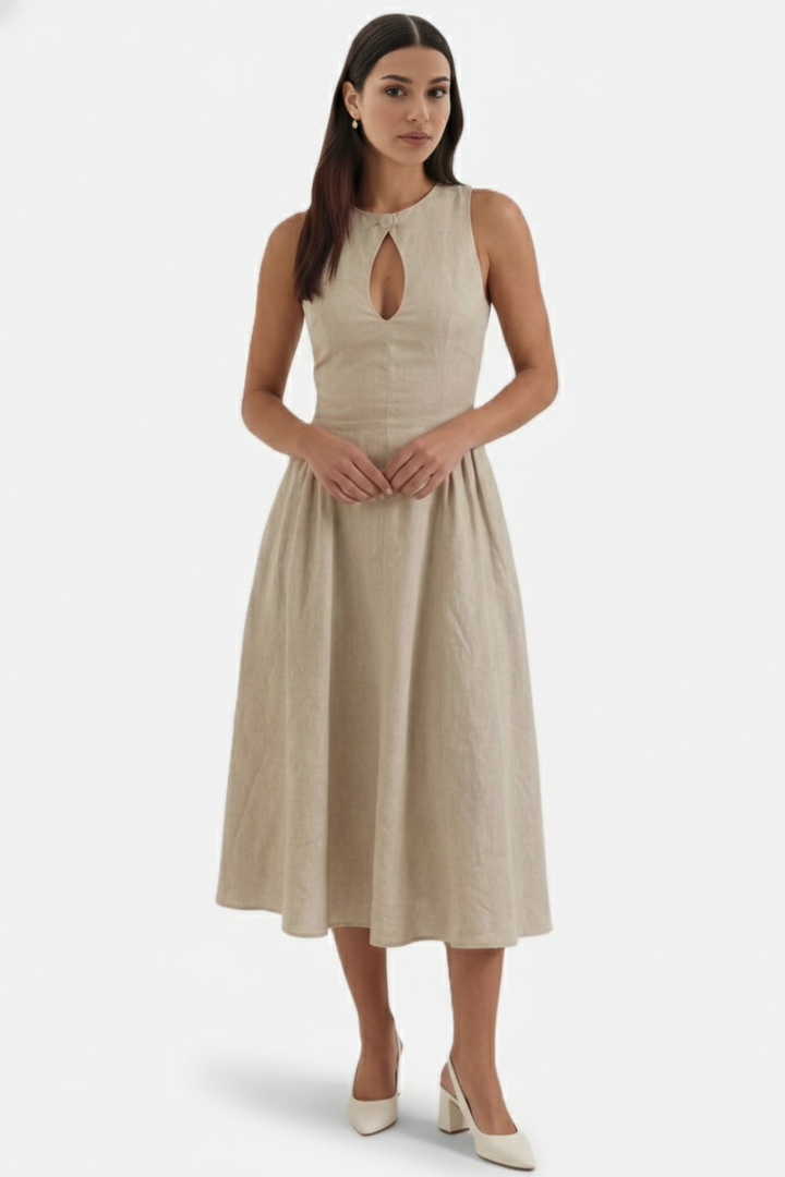 Womens Linen Midi Dress Keyhole Neckline Fit and Flare