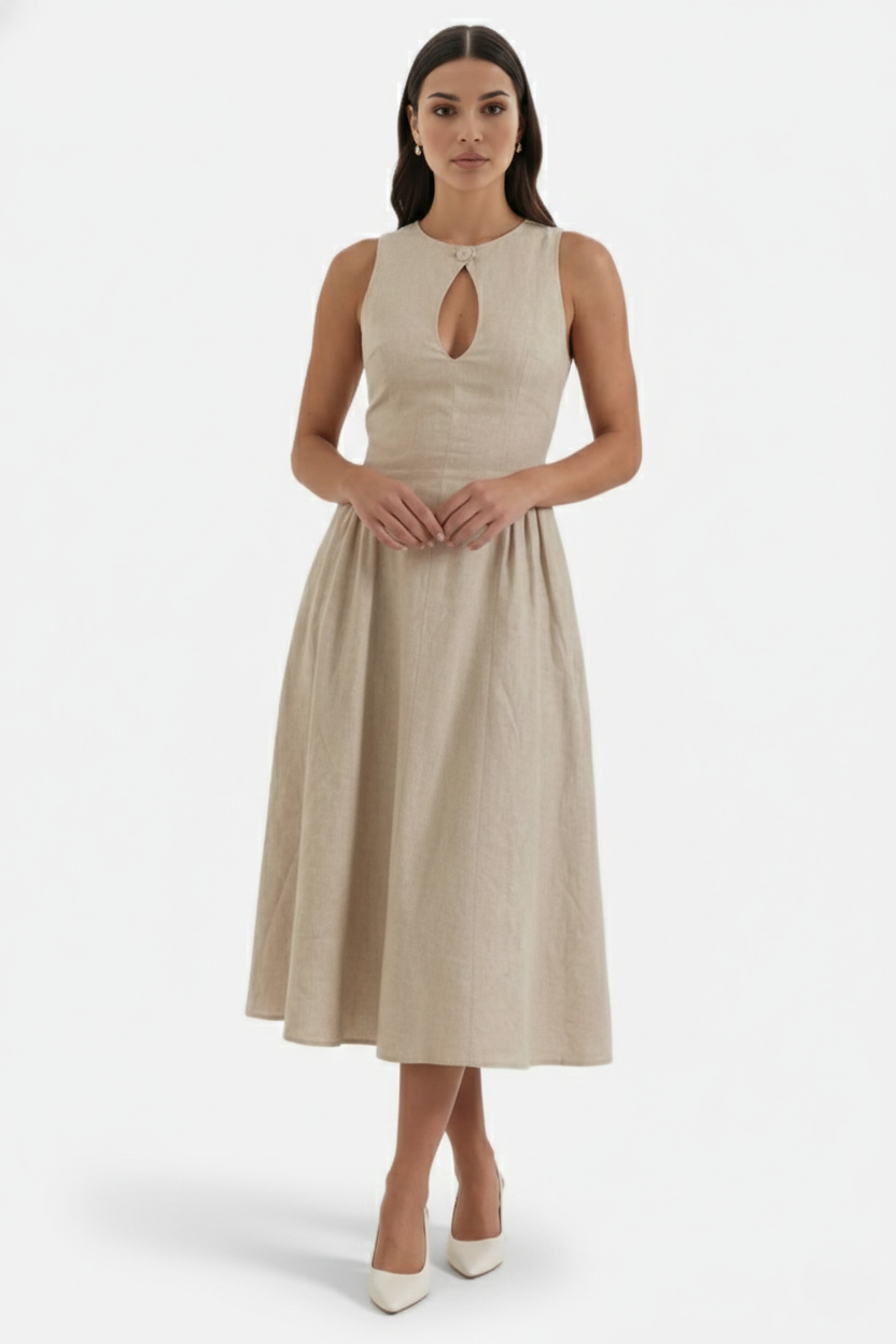 Womens Linen Midi Dress Keyhole Neckline Fit and Flare