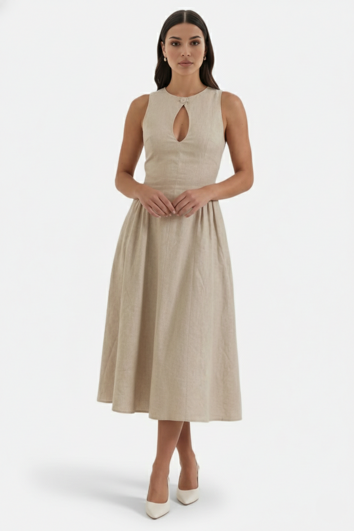 Womens Linen Midi Dress Keyhole Neckline Fit and Flare