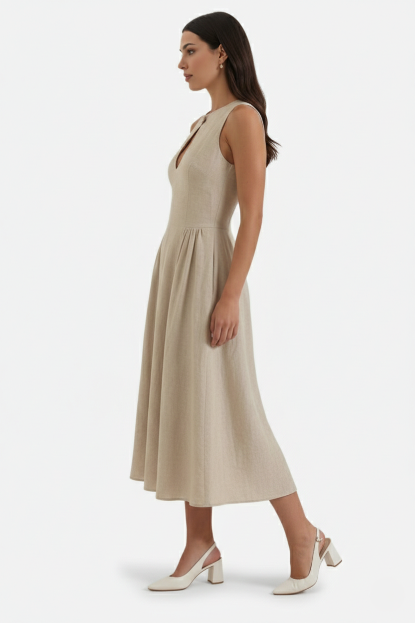 Womens Linen Midi Dress Keyhole Neckline Fit and Flare
