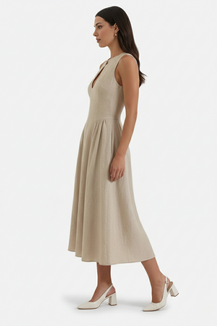 Womens Linen Midi Dress Keyhole Neckline Fit and Flare
