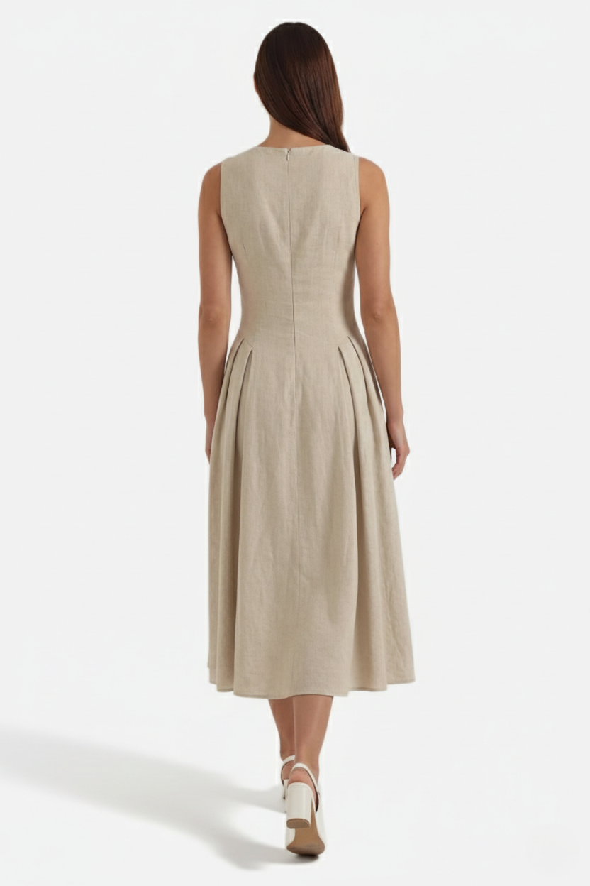 Womens Linen Midi Dress Keyhole Neckline Fit and Flare