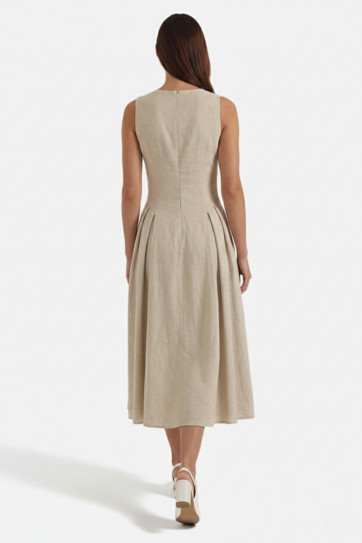 Womens Linen Midi Dress Keyhole Neckline Fit and Flare