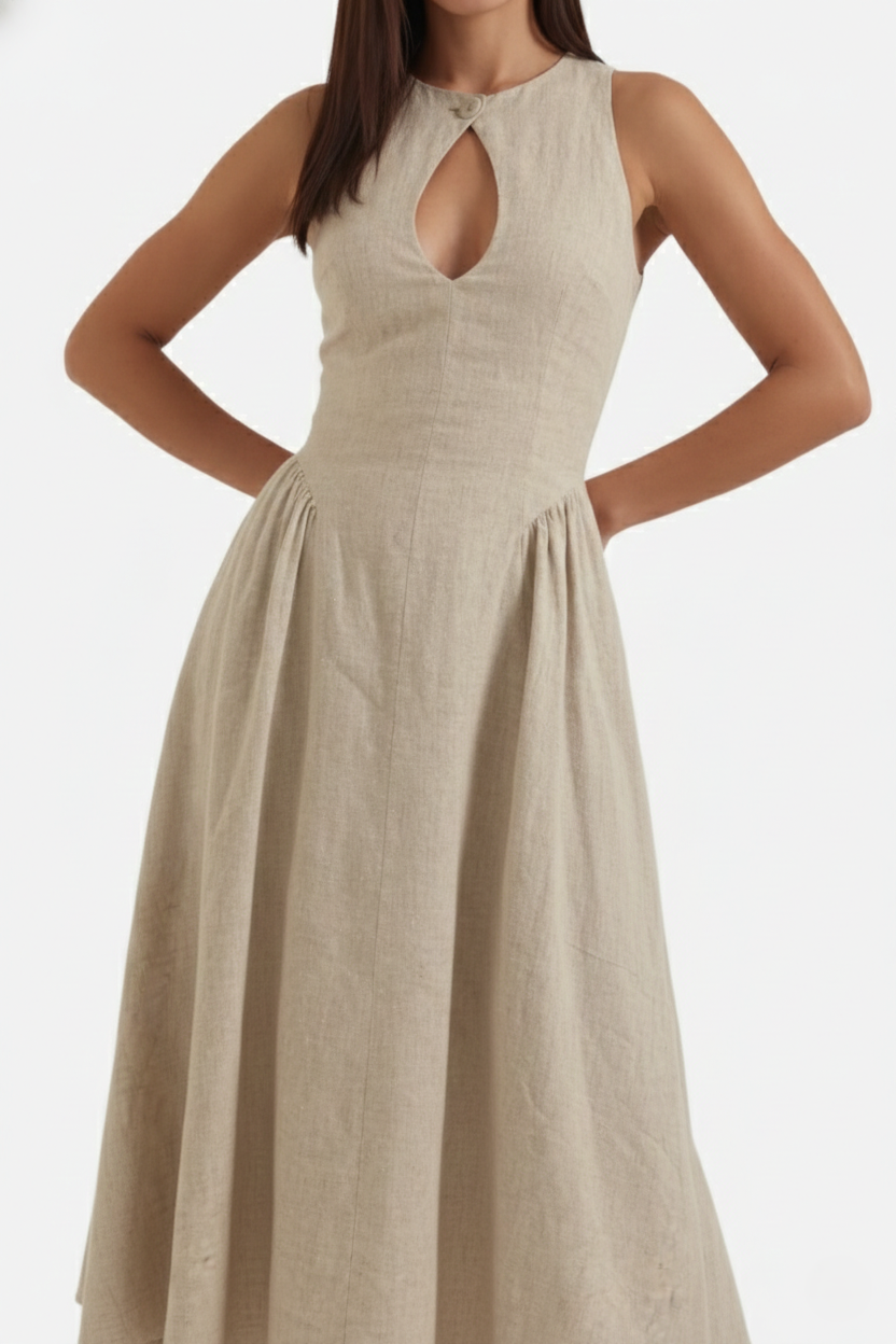 Womens Linen Midi Dress Keyhole Neckline Fit and Flare