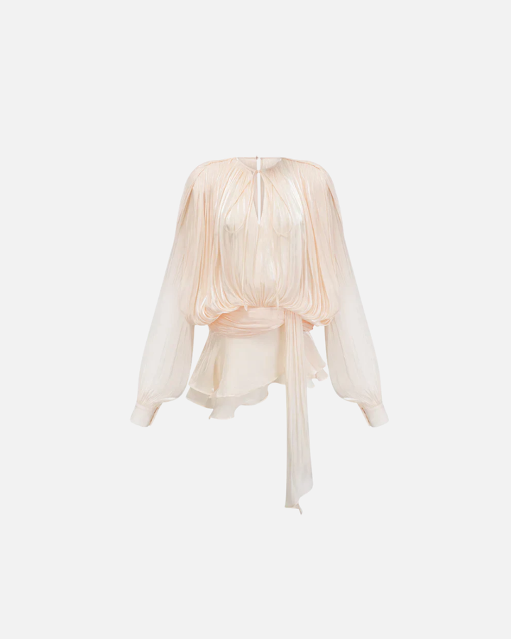 Womens Mini Dress with Tie Neck Long Sleeve and Pleated Ruffle Hem