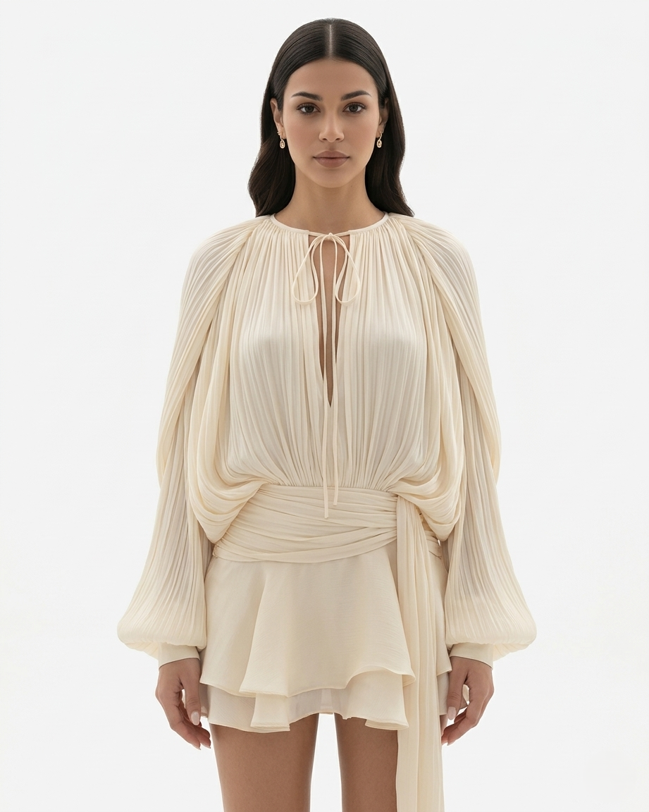 Womens Mini Dress with Tie Neck Long Sleeve and Pleated Ruffle Hem - Clovrio