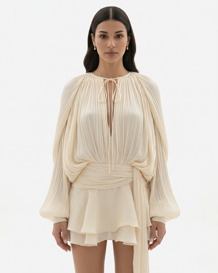 Womens Mini Dress with Tie Neck Long Sleeve and Pleated Ruffle Hem - Clovrio