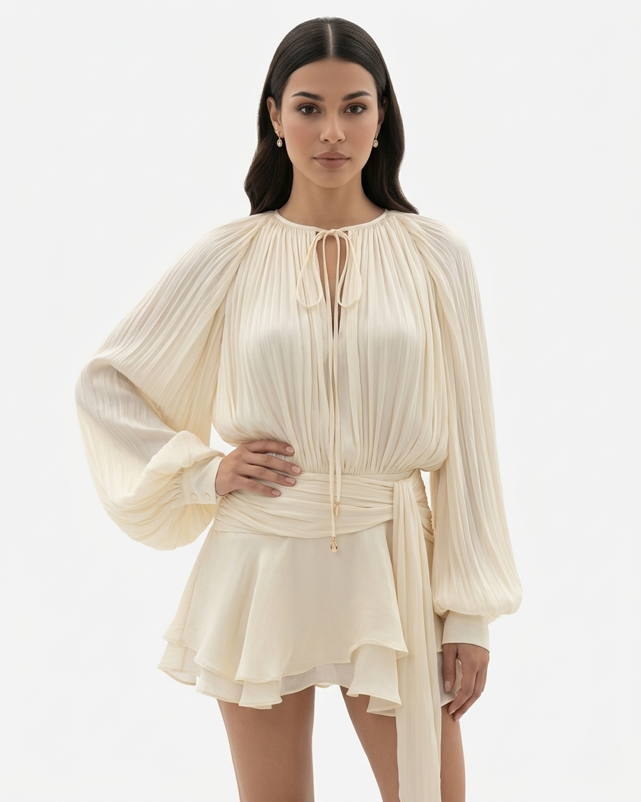 Womens Mini Dress with Tie Neck Long Sleeve and Pleated Ruffle Hem