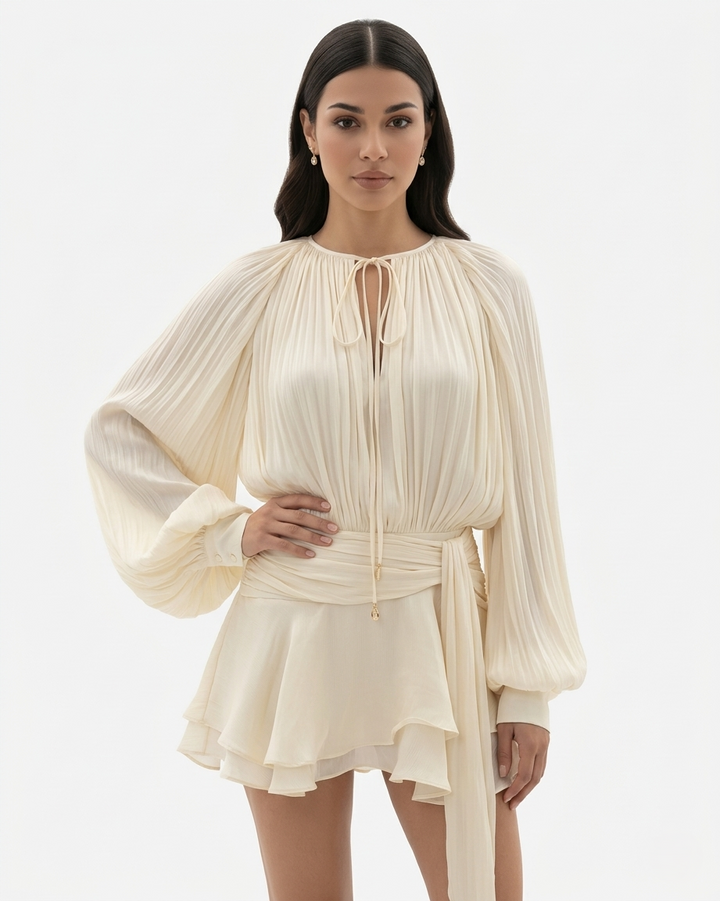 Womens Mini Dress with Tie Neck Long Sleeve and Pleated Ruffle Hem