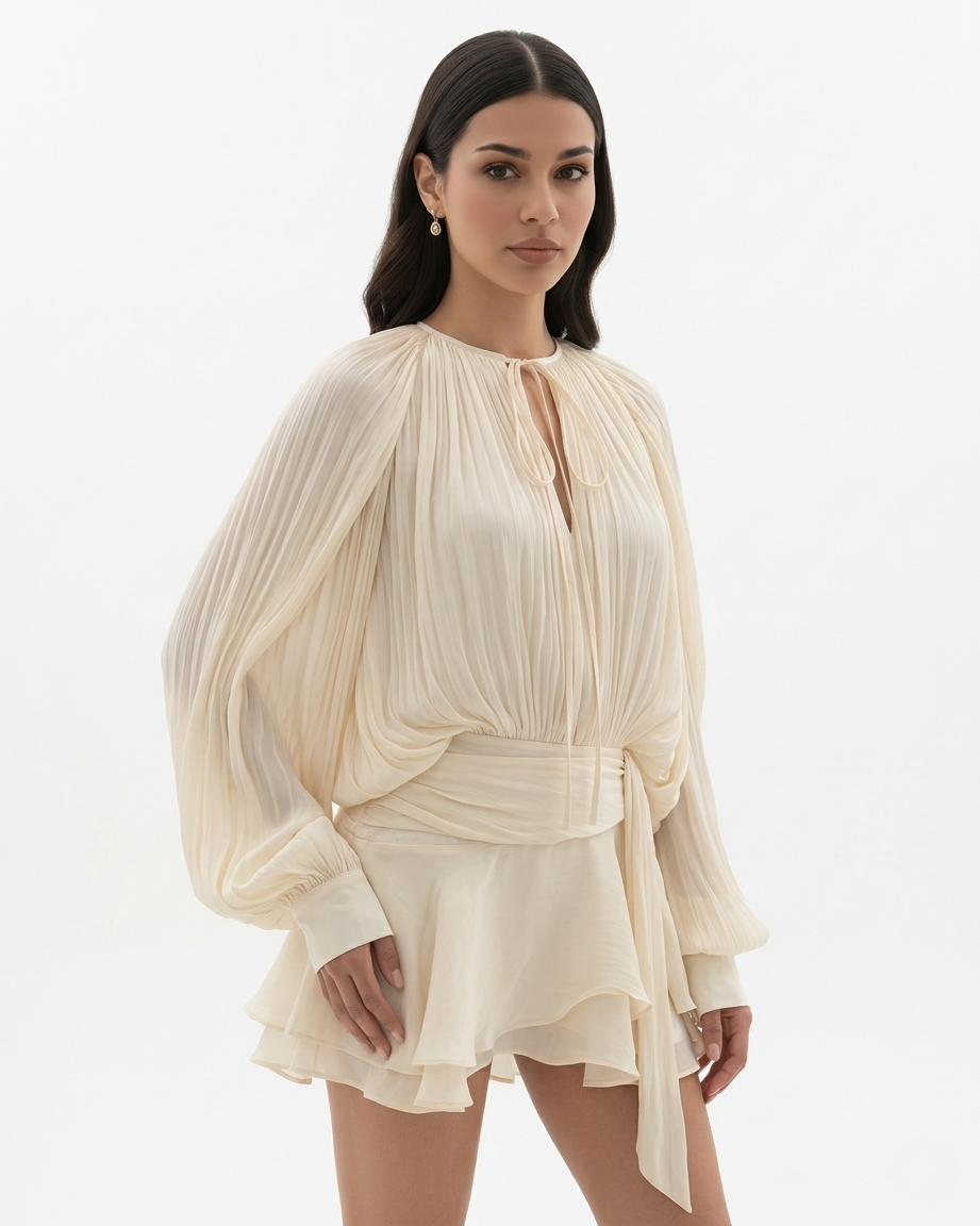 Womens Mini Dress with Tie Neck Long Sleeve and Pleated Ruffle Hem