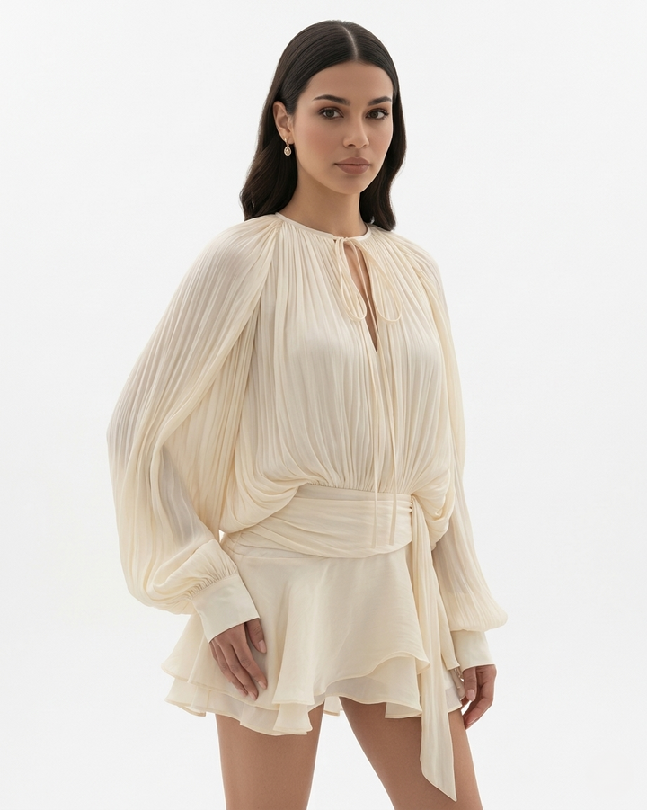 Womens Mini Dress with Tie Neck Long Sleeve and Pleated Ruffle Hem